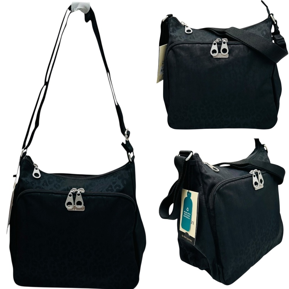 Baggallini Joey Large Hobo Crossbody Black CHEETAH PRINT Water-Resistant Nylon